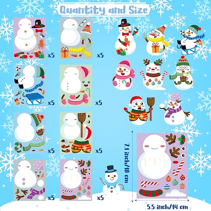 CY2SIDE Snowman Make a Face Sticker Sheets - 40PCS Make Your Own Winter Snowman Stickers Craft Games for Kids School Reward DIY Winter Christmas Party Favors for Kids Classroom Activities Home Project