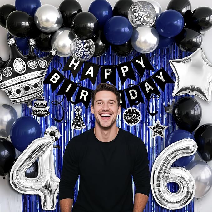 46th Birthday Decorations for Men and Women, Black Blue Silver Happy Birthday Number 46 Balloons, Banner, Fringe Curtains Garland Kit - 46 Year Old Party Supplies