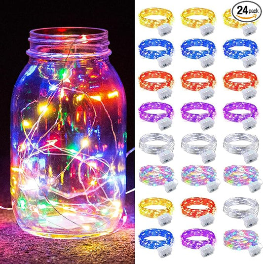 ZGWJ 24 Pack Fairy Lights Battery Operated, 7ft 20 Mini LED Fairy String Lights Silver Wire 3 Modes for DIY, Parties, Wedding, Bedroom, Halloween Christmas Decoration Mixed-Color
