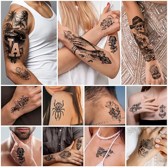 Yazhiji Waterproof Temporary Tattoos For Adult, Chicano Large Fake Tattoo Guadalupe Gangster Prisoner Day of the Dead, Lowrider Style Culture Mexico Clown 77 sheets Tattoo Stickers for Men Women