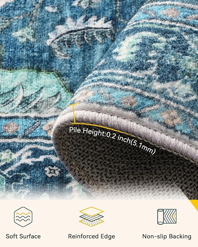 Area Rugs 7ft Washable Non-Slip, Floral Vintage Distress Print Pattern Medallion Carpet for Living Room Bedroom Dining Room, Teal Green Lake Blue Turquoise
