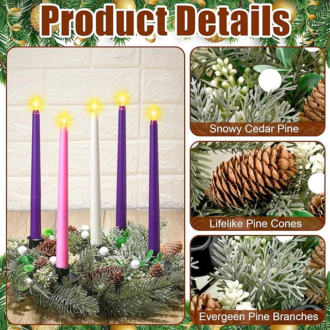 Tioncy 12 Inch Christmas Advent Wreath Candle Holder with 5 Flameless Candles Remote Control Wreaths Holder Centerpiece Decoration with Berries (White Berries,11 x 0.8 x 0.8 in)