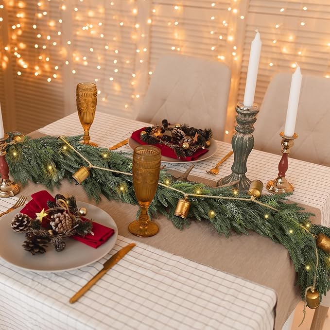 Fovths 6 Ft Christmas Garlands with Lights and Bells Real Touch Norfork Cedar Pine Garland Artificial Greenery Garlands for Christmas Mantle, Table Indoor Outdoor Decorations, Green and White