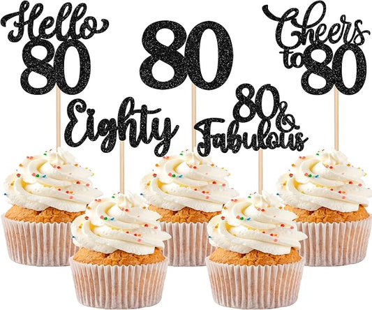 30PCS Happy 80th Birthday Cupcake Toppers Glitter Eighty Cheers to 80 Years Old Birthday Cupcake Picks Hello 80 Fabulous Cake Decorations for Happy 80th Birthday Anniversary Party Supplies Black