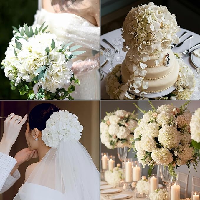 Kimura's Cabin 6pcs Faux White Hydrangeas Fake Flowers Artificial Silk Hydrangea Flower With Stems Bouquets Arrangement for Home Table Centerpieces Wedding Baby Shower Birthday Party Decoration(White)