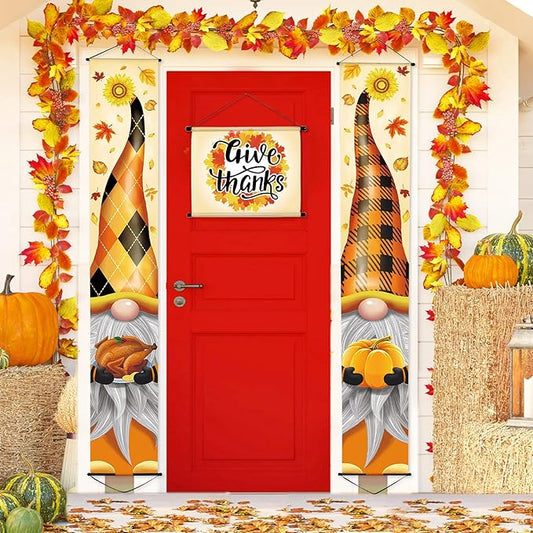 Breling 3 Pieces Fall Thanksgiving Porch Banner Sign Welcome Gnome Pumpkin Turkey Door Banner Thanksgiving Hanging Decoration 12x71 Inch for Home Front Door Harvest Outdoor Yard Party Supplies