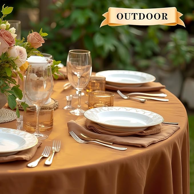 sancua Round Tablecloth 90 Inch Light Borwn- Water Resistant Spill Proof Washable Polyester Fall Table Cloth Decorative Fabric Table Cover for Dining Tables, Thanksgiving Parties and Camping, Bronze