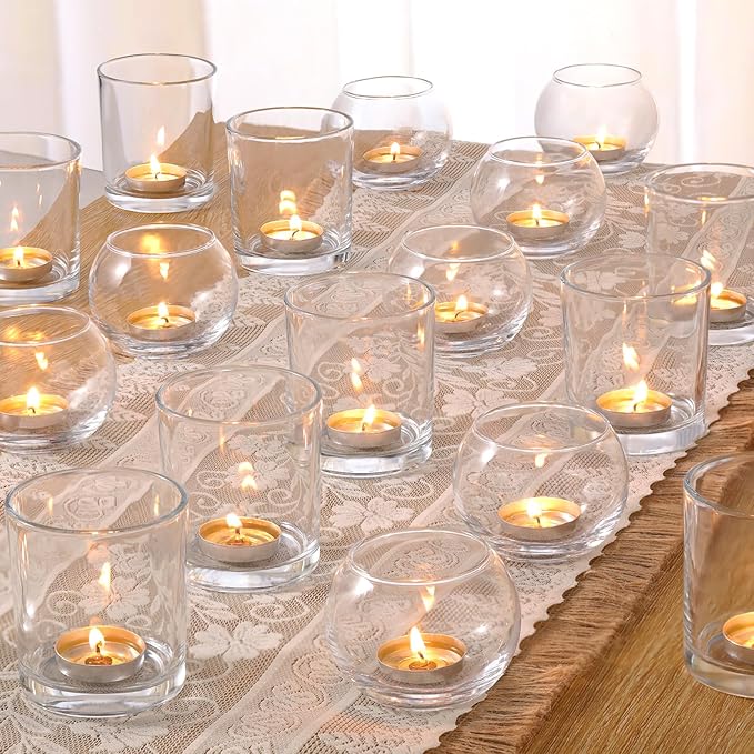 Volens 30pcs Assorted Clear Votive Candle Holders Bulk, Large Wedding Centerpieces for Tables, Glass Votive & Tealight Candle Holders for Party Decorations and Home Decor