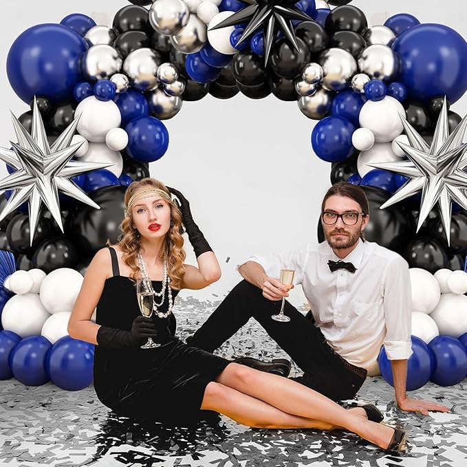 Navy Blue Black Balloon Arch Kit,Balloon Garland with Star Foil Balloons Metallic Sliver White Dark Blue Latex Balloons for Boys Birthday Baby Shower Party Decorations