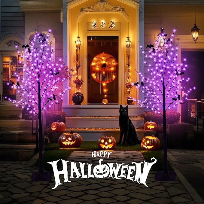 Halloween Lighted Tree with 260 LED Lights, 6FT Black Halloween Tree with Timer, 8 Modes, Dimmable, Spider Web & Bats DIY, Indoor Outdoor Halloween Decorations