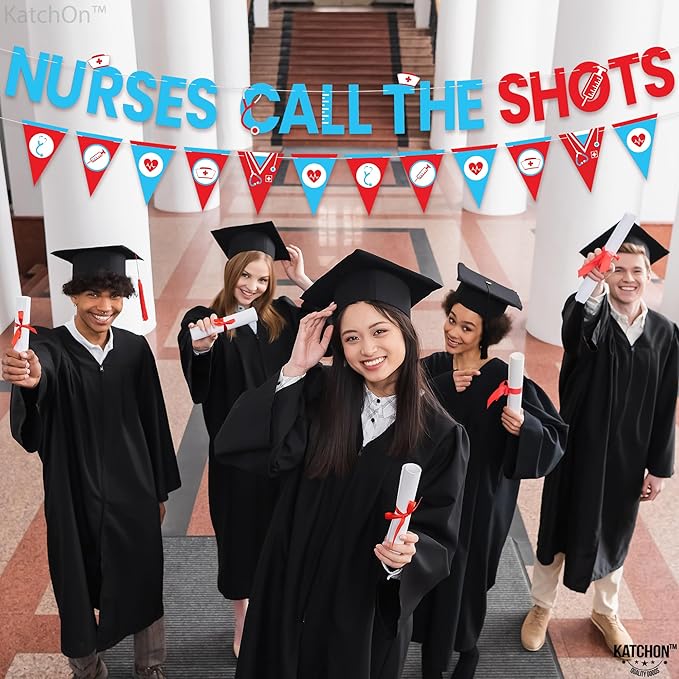 Katchon, Blue and Red Nurses Call The Shots Banner -10 Feet, NO DIY | Nurse Graduation Banner, Nurse Garland for Nurse Graduation Party Decorations | Grad Decorations 2025, nurse Party Supplies