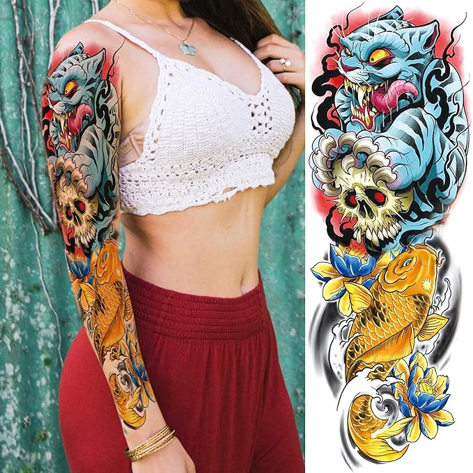 Ghost Joker Temporary Tattoo Sleeves for Kid Women, 4-Sheet Full Arm Colorful Japanese Drama Fake Sleeve Tattoo Sticker and 4-Sheet Realistic Large Half Temp Tatoo Boy Girl Party Favors Leg Body Art