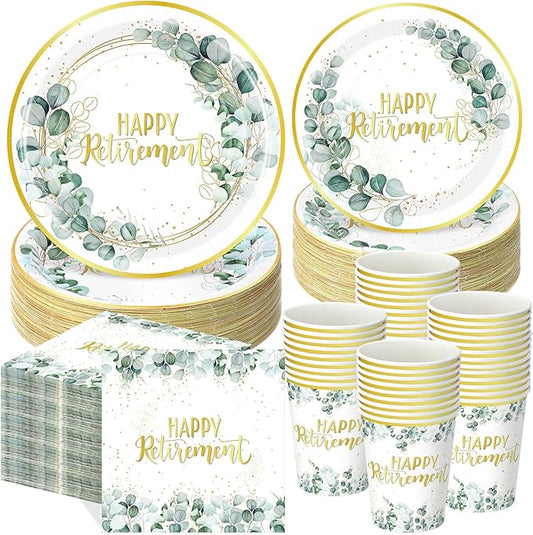 250 Pcs Sage Green Retirement Party Decorations Happy Retirement Paper Plates Napkins and Cups Greenery Gold Tableware Set for Women Men Coworker Goodbye Going Away Party Supplies, Serves 50