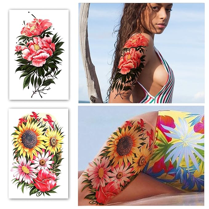 Temporary Tattoo Full Arm 8 Sheets and Half Arm Shoulder Waterproof Fake Tattoos 10 Sheets, Extra Large LastingTattoo Stickers for Girls or Women