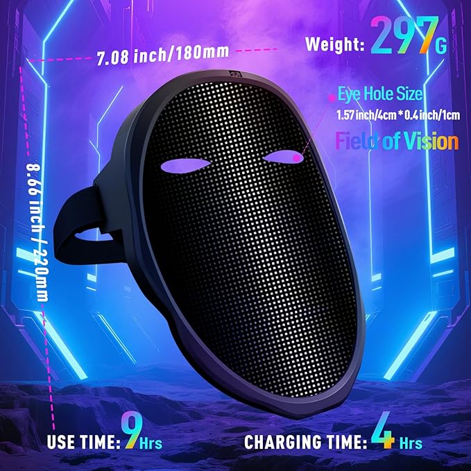 Led Mask Costume with APP Controlled, Led Halloween Mask, Funny Light Up Halloween Face Mask for Christmas Birthday Cosplay Party, Glow Up Mask for Kids Men Women