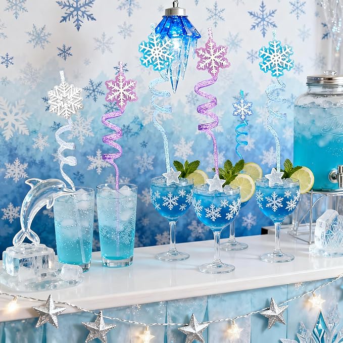 LEDUO Reusable Frozen Drinking Straws-24Pcs Glitter Snowflake Plastic Straw Party Favors-Frozen Party Decoration -Winter Snow Birthday Party Decor Supplies-Christmas Goodie Bag Stuffer Classroom Prize