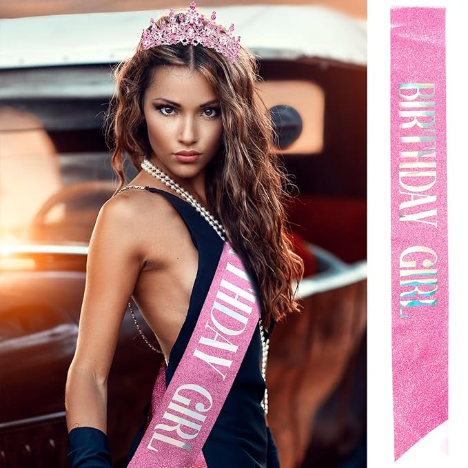 Velscrun Pink Crystal Birthday Tiara Crowns for Women Girls Elegant Princess Crown with Combs Birthday Girl Headband Sash Happy Birth Party Decorations Birth Gift Cake Topper Hair Accessories