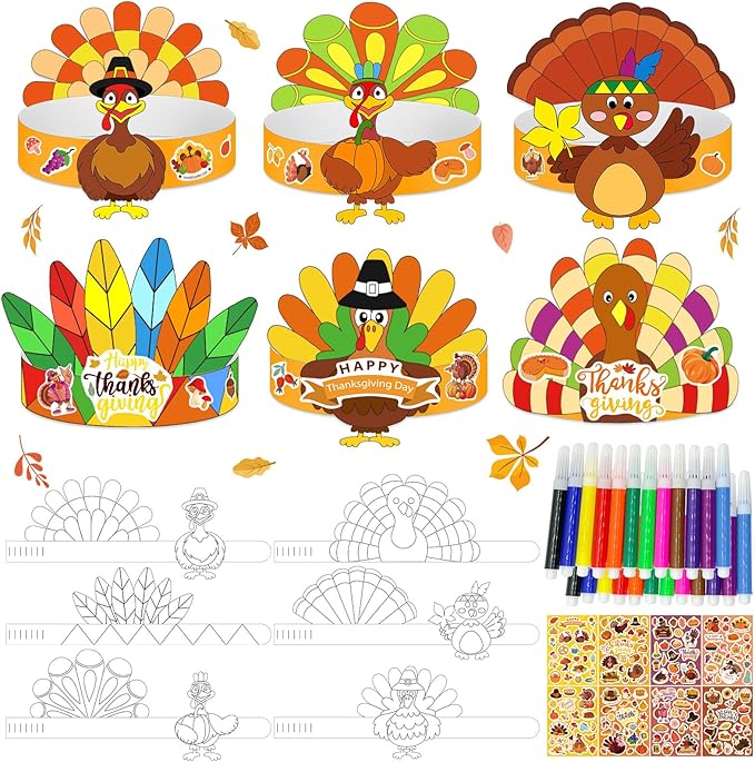 24 Sets Thanksgiving Turkey Craft Kits Fall Thanksgiving Ornaments Decorations Art Sets DIY Autumn Make a Turkey Crafts Stickers Arts and Crafts for Toddler Party Classroom Activities (Hat1)