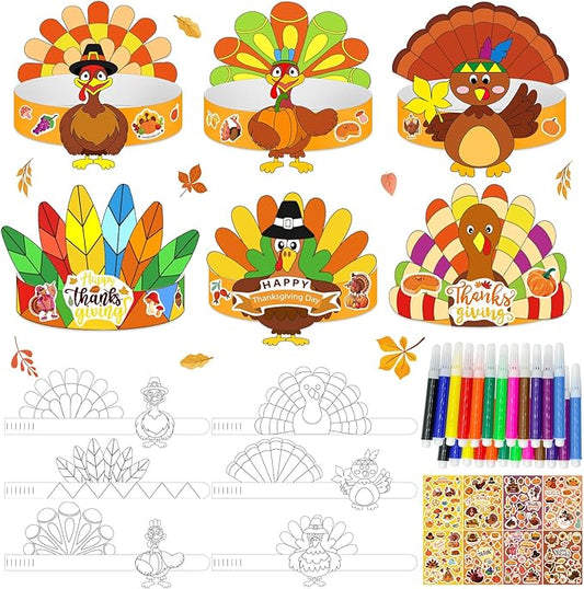 24 Sets Thanksgiving Turkey Craft Kits Fall Thanksgiving Ornaments Decorations Art Sets DIY Autumn Make a Turkey Crafts Stickers Arts and Crafts for Toddler Party Classroom Activities (Hat1)