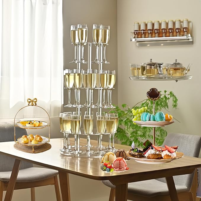 Champagne Tower, Circle Acrylic Champagne Display Rack Stand with 28 Slots, 3 Tier Floating Sight Champagne Flute Holder for Party, Wedding, 13.4x13.4x25.5 inch, 2Pcs