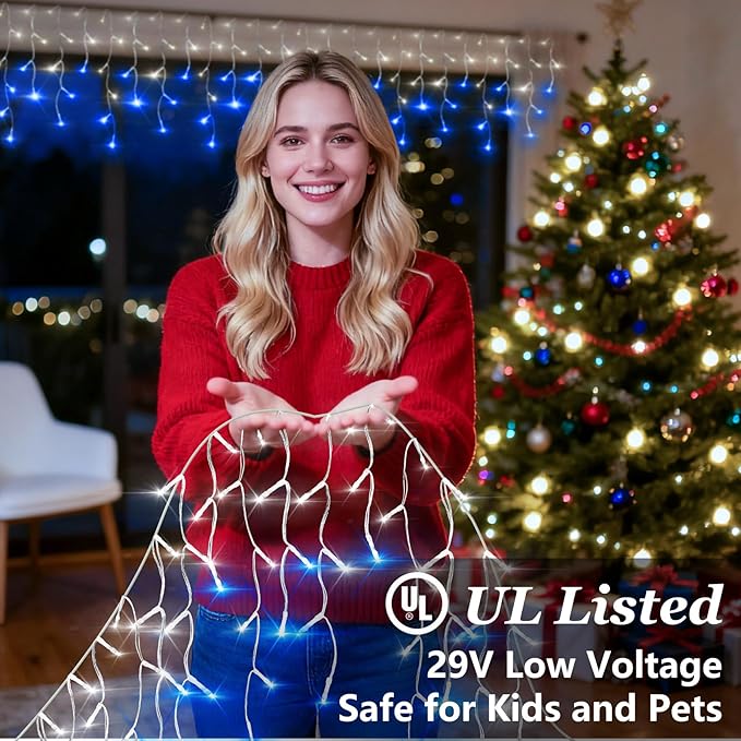 810 LED Christmas Lights Outdoor Indoor, 82ft Blue & White String Lights with 180 Drops, 12 Modes Dimmable Curtain Lights with Timer, Waterproof Twinkle Fairy Lights for Bedroom Window Xmas Decor
