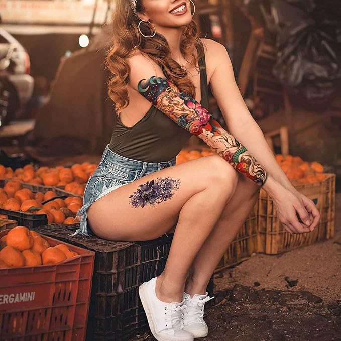 Aresvns Spring Sleeve Temporary Tattoo for women and gils, Beautiful Floral Waterproof Fake Tattoo,Roses Peacock Temp tatoo for BBQ Pool Beach Party