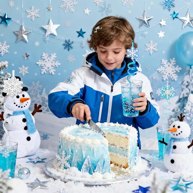 LEDUO Reusable Frozen Drinking Straws-24Pcs Glitter Snowflake Plastic Straw Party Favors-Frozen Party Decoration -Winter Snow Birthday Party Decor Supplies-Christmas Goodie Bag Stuffer Classroom Prize