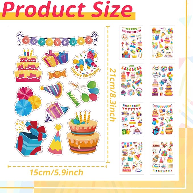 24 Sheets Happy Birthday Stickers - 320PCS Balloon Cake Present Stickers for Birthday Party Decorations Craft Scrapbooking Water Bottles Gifts Bags Cards Decor