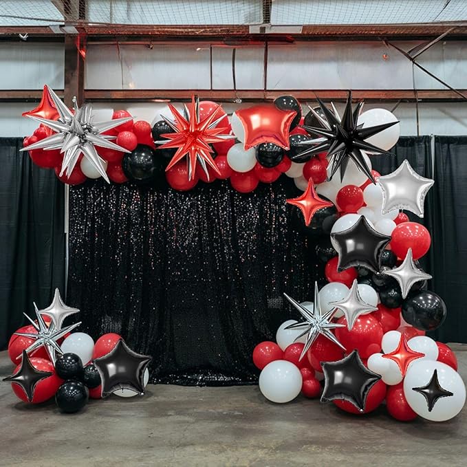 16 Pcs Red Black Silver Star Balloons,22/18/10 Inch Foil Balloons, Four-Pointed Balloon for Birthday Graduation Prom Wedding Baby Shower Movie Party Decorations