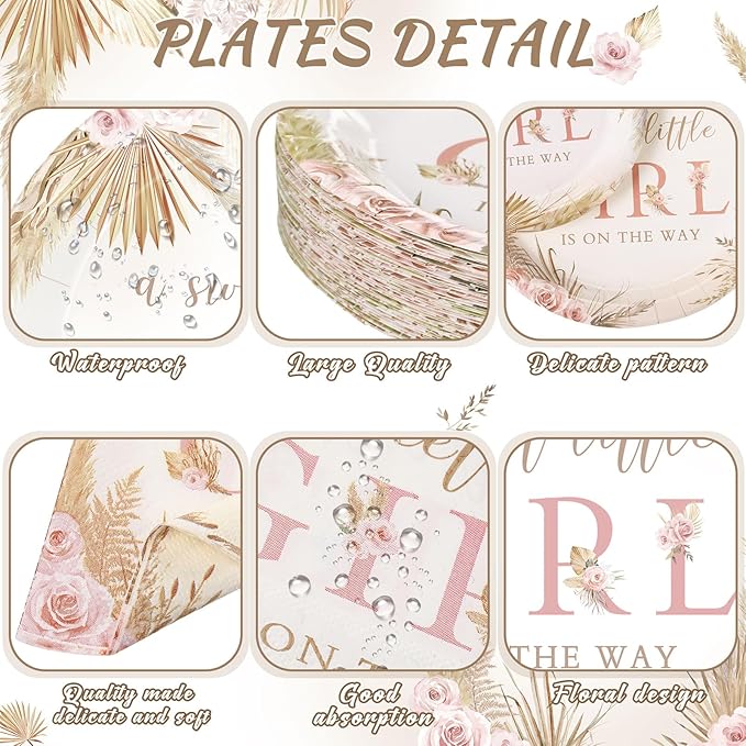 250 Pcs Boho Baby Shower Decorations for Girls Pink Floral Baby Shower Plates Napkins and Cups a Sweet Little Girl Is on the Way Pink Flower Spring Birthday Party Supplies, Serve 50 Guests