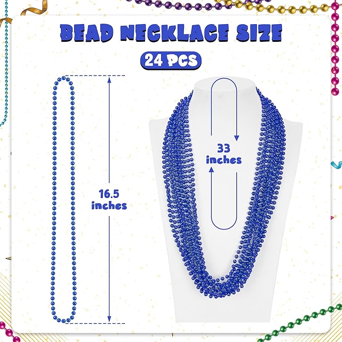 24 PCS Blue Mardi Gras Beads Necklaces, 33" Metallic Patriotic Carnival Beaded Necklaces, 4th of July Costume Necklaces, Mardi Gras Accessories for Gender Reveal Parade Throws Party Decorations