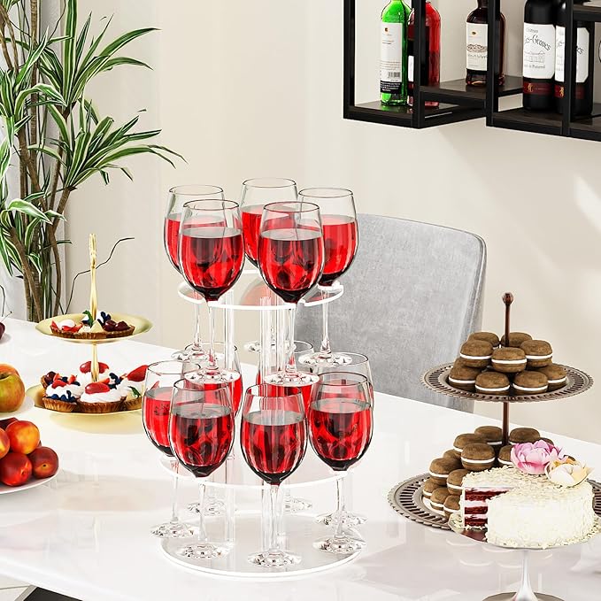 Champagne Tower, Circle Acrylic Drink Tower and Cocktail Tree Stand, Wine Rack with 12 Slots, 2 Tiers Floating Sight Champagne Flute Holder for Party, Wedding, School, Celebration, 11.8x11.8x14.9 inch