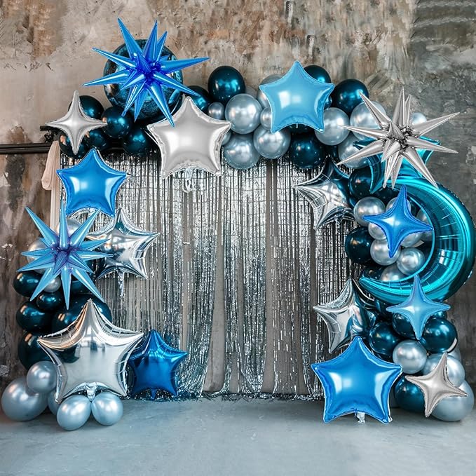 16 Pcs Blue Silver Star Balloons, 22/18/10 Inch Foil Balloons, Four-Pointed Balloon for Kids Boy Men Birthday Graduation Wedding Baby Shower Party Decorations