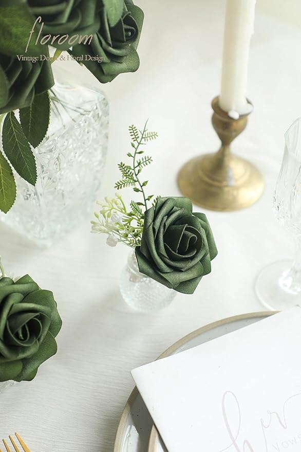 Floroom Artificial Flowers 25pcs Real Looking Emerald Green Foam Fake Roses with Stems for DIY Wedding Bouquets Bridal Shower Centerpieces Floral Arrangements Party Tables Home Decorations
