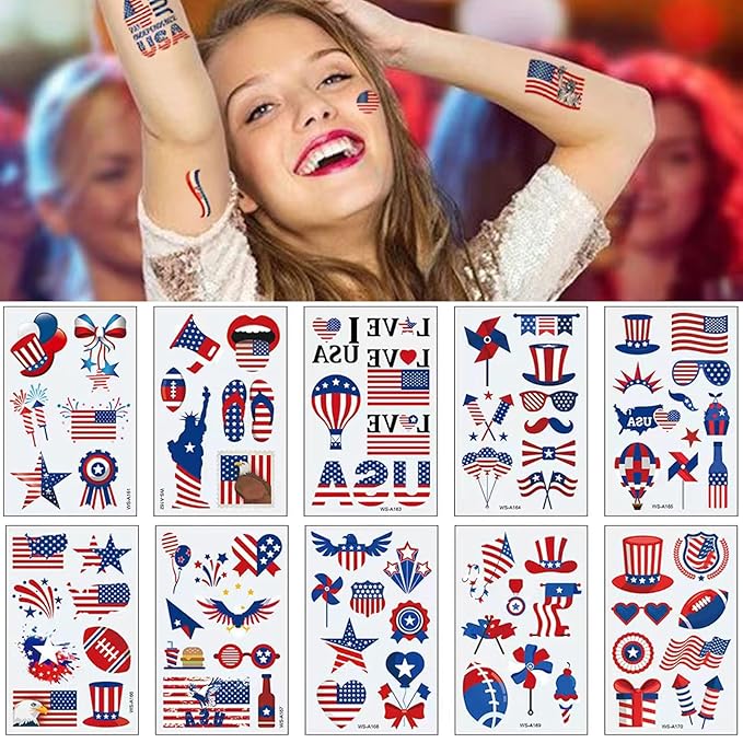 4th of July Temporary Tattoos Kids Adults, 90pcs American Flag Red White Blue Fake Tattoo Stickers, Independence Day Fourth of July Body Art USA National Memorial Decorations for Labor Day Party