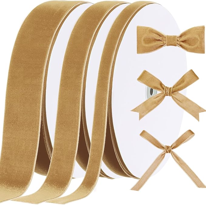 Yilloog 3/8'' 1'' 2'' 90 Yards Christmas Velvet Ribbon Vintage Satin Fabric Velvet Ribbon Roll for Christmas Tree Ornaments Decoration Gift Wrapping Bow DIY Crafts (Khaki)