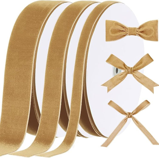 Yilloog 3/8'' 1'' 2'' 90 Yards Christmas Velvet Ribbon Vintage Satin Fabric Velvet Ribbon Roll for Christmas Tree Ornaments Decoration Gift Wrapping Bow DIY Crafts (Khaki)