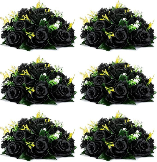 NUPTIO Black Artificial Roses Flowers: 6 Pcs Fake Flower Bouquet Halloween Decorations - 15 Heads Artificial Rose Centerpieces with Base for Gothic Wedding Party Table Decor