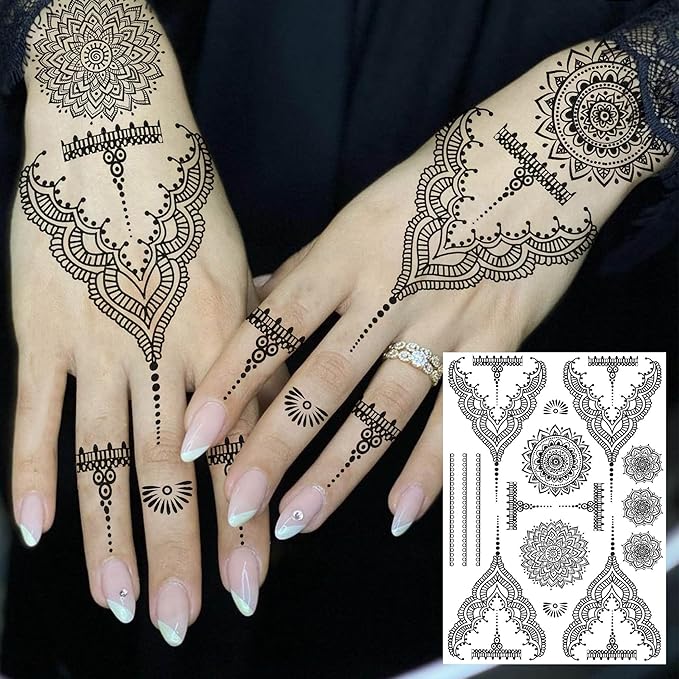 Vintage India Sexy Hands Temporary Tattoos For Women Finger Girls Adults, 4 Sheets Bohemia Lace Black Lotus Mandala Flower Fake Jewels Tattoo Sticker Kits Stencils, Party Favor Supplies Decoration