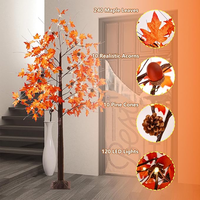 6FT Fall Tree with Lights, Thanksgiving Decorations Warm White 120 LED Maple Tree, Prelit Artificial Thanksgiving Tree, Dimmable Autumn Tree Light, Fall Home Indoor Harvest Outdoor Decor