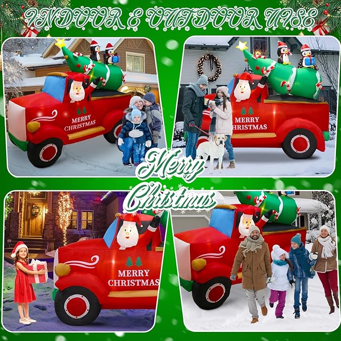 8 FT Christmas Inflatables Decorations Outdoor，Santa Christmas Tree Delivery Truck and Penguin with Built-in LED Lights for Indoor Holiday Party Yard Garden Lawn Décor