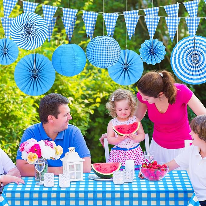 Hortsun 18 Pcs Blue and White Gingham Christmas Party Supplies Include Paper Lanterns Plastic Tablecloth Pennant Banner Paper Fans Christmas Picnic Decor for Holiday Party Home Dining Room