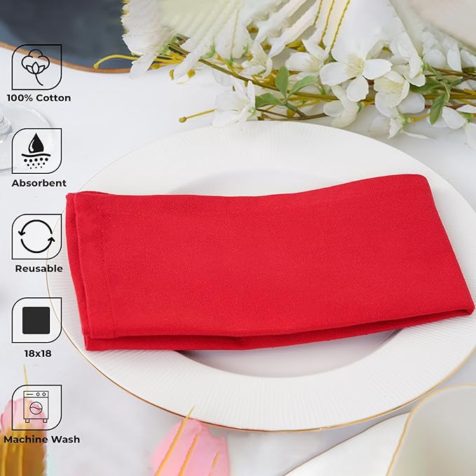 Blue Needles Solid Cloth Napkins Set of 12 Red 100% Cotton Dinner Napkins 18x18 inches - Soft, Reusable, Absorbent & Washable Fall Thanksgiving Linen, Ideal for Events, Parties & Everyday Use