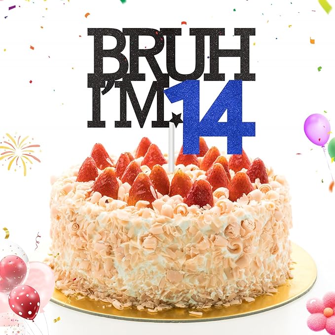 Bruh I'm 14 Cake Topper, Happy 14th Birthday Decorations for Boy, Funny 14th Birthday Cake Topper Birthday Party Decoration Supplies