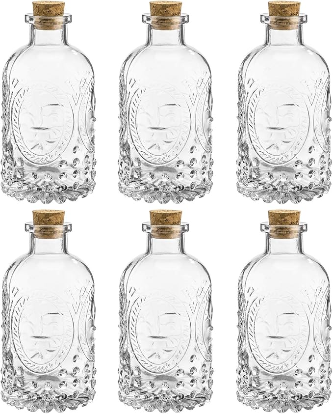 MyGift Vintage Design Embossed Fleur De Lis Clear Glass Bottles with Cork Lid, Apothecary Flower Bud Vases, Set of 6