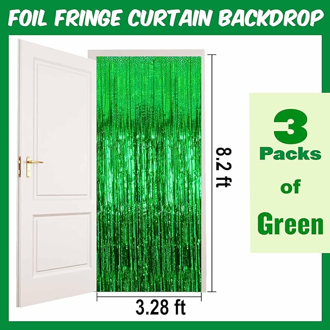3 Pack Green Foil Fringe Curtains Backdrop, 3.28 x 8.2 Ft Metallic Streamers Tinsel Curtains Background for Photo Booth, Birthday, Christmas, Halloween, Thanksgiving, New Year Party Decorations