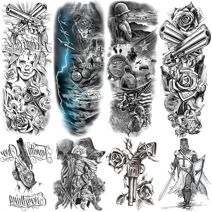 Military Temporary Tattoo Sleeve for Men, 4-Sheet Full Arm Large Patriotic Gun Soldier Fake Tattoo Sleeve Adult Women and 4-Sheet Black Floral Tiger Gun Half Temp Tatoo Sticker Leg Makeup Body Art