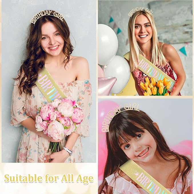 CAVETEE Birthday Girl Crown and Sash， Princess Tiara Happy Birthday Headband Party Accessories for Women and Girls