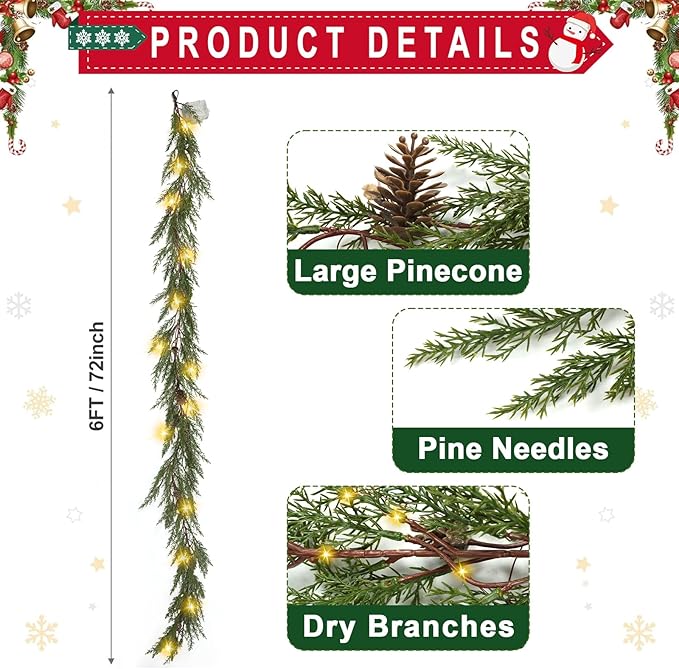 6 Ft Christmas Garland with Lights, 30 Warm Lights with 8 Modes,Prelit Christmas Garland with Pine Cones,Garland for Mantle, Ceadr Garlands Realistic,Outdoor Indoor Christmas Decorations