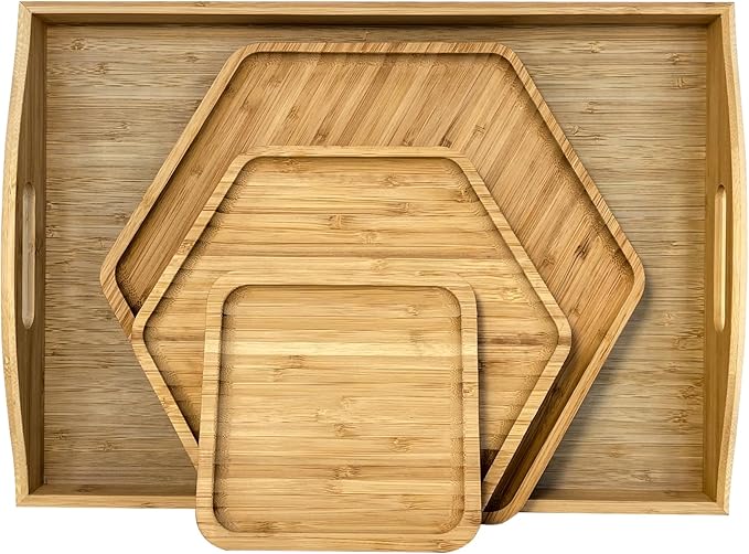 Bamboo Serving Trays Dinner Plates Cheese Board 16.5"x11.8"（42x30cm with Handle, Set Includes 1xHexagon 12.5"(32cm)+1xHexagon 9.8"(25cm)+1xSquare 5.9"(15cm) Plates for Family Dinner